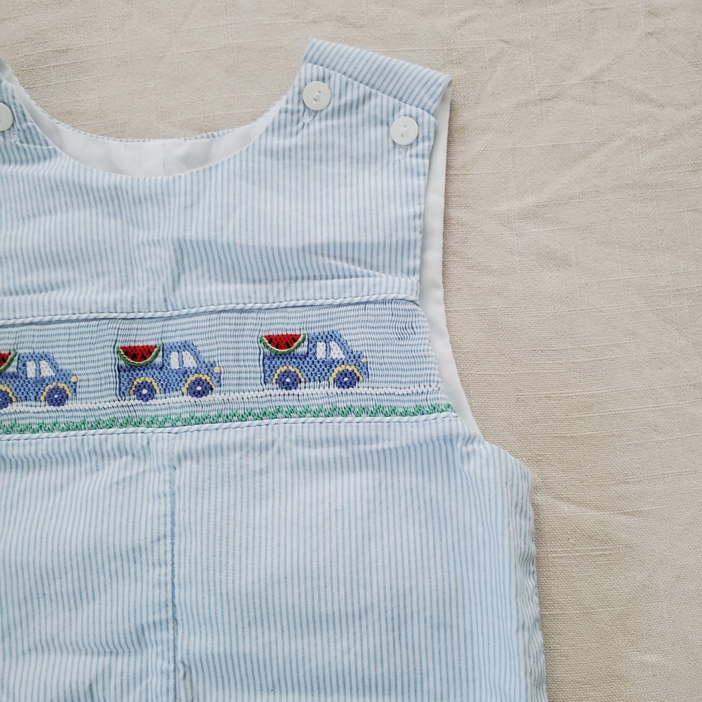 Petit Bebe Smocked Jon Jon Watermelon Trucks Blue Striped 24 Months Baby Boy - Picture 2 of 7